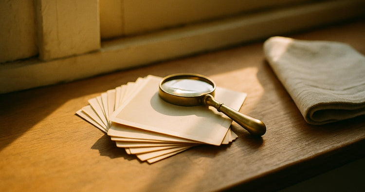 A fanned stack of old face-down photographs beside a magnifying glass on a windowsill in warm evening light
