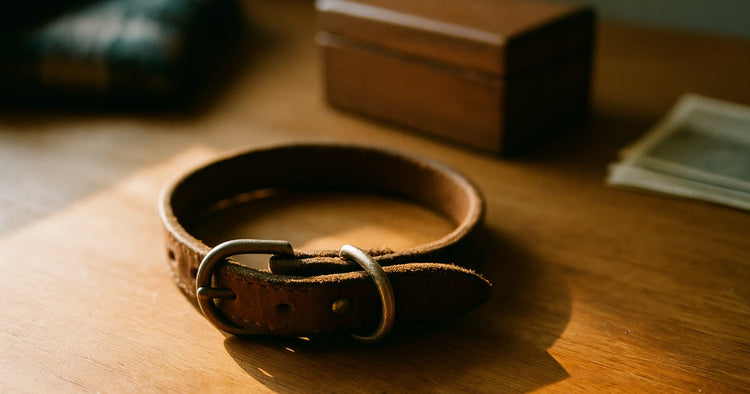 A worn leather dog collar coiled beside a small closed wooden keepsake box and a folded plaid blanket on a warm table