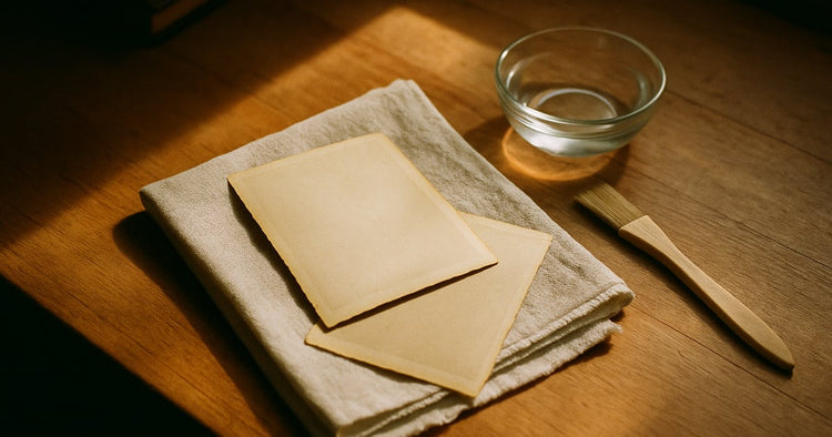 Two old photographs partly separated at one corner, lying face-down on a folded cloth on a warm wooden desk beside a shallow dish of water