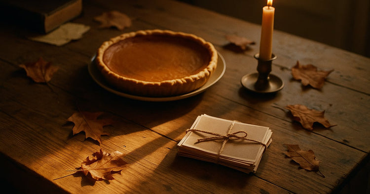 A pumpkin pie and a small stack of face-down photo prints on a wooden table beside a lit candle and dried autumn leaves