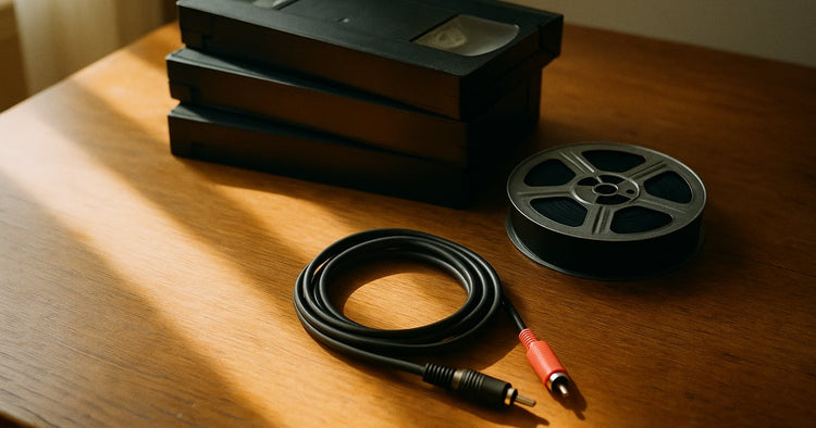 A stack of VHS tapes and a small reel of 8mm film beside a coiled cable on a warm wooden desk