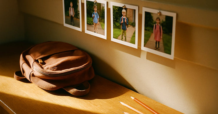 A row of small first-day-of-school prints pinned in date order along a shelf above a child's backpack