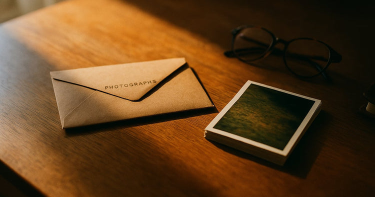 Labeled kraft envelopes and a stack of printed family photographs organized on a warm wooden desk