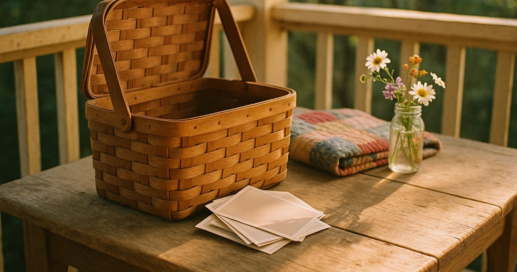 A stack of face-down family photographs beside a folded quilt and a jar of wildflowers on a sunlit porch table