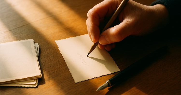 A hand labeling the back of a face-down vintage photograph in pencil beside a small stack of old prints