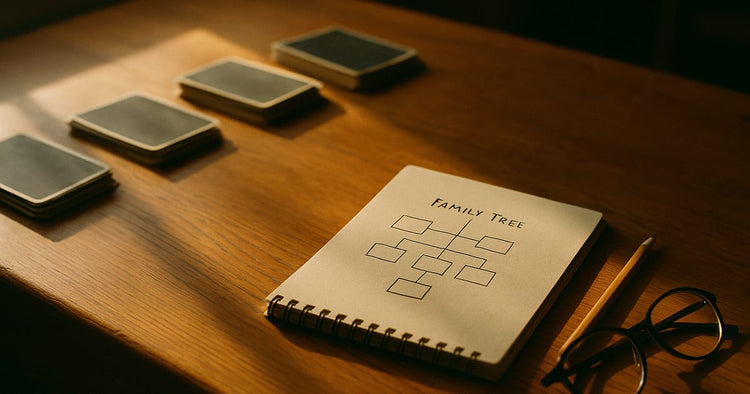 A stack of face-down old photographs, a notebook, and a pencil arranged by generation on a warm wooden desk