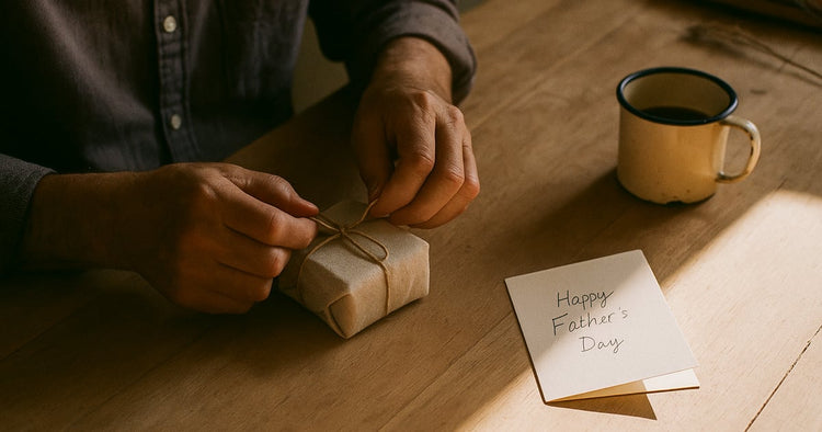 A father watching a family memory reel on a tablet by a window, a wrapped gift and loose photos on the table beside him