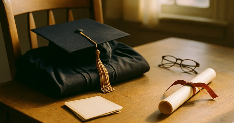 A folded graduation gown draped over a chair with a tassel resting on top, and a face-down stack of old childhood photo prints beside it on a wooden desk