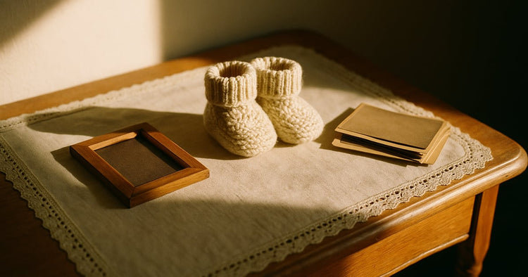 A small empty picture frame lying face-down beside a pair of knitted baby booties and a short stack of old family photographs on a lace-trimmed side table