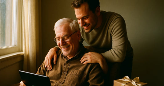 A father watching a family memory reel on a tablet by a window, a wrapped gift and loose photos on the table beside him