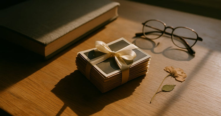 A ribbon-tied bundle of old sibling photographs face-down beside a closed photo album on a sunlit wooden table