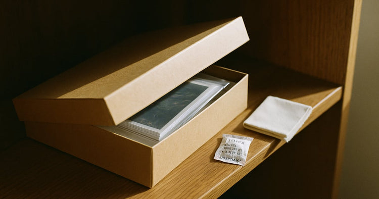 A closed cardboard photo box with a corner lifted to show a sealed plastic sleeve of face-down prints and a small silica gel packet resting beside it, warm indoor light