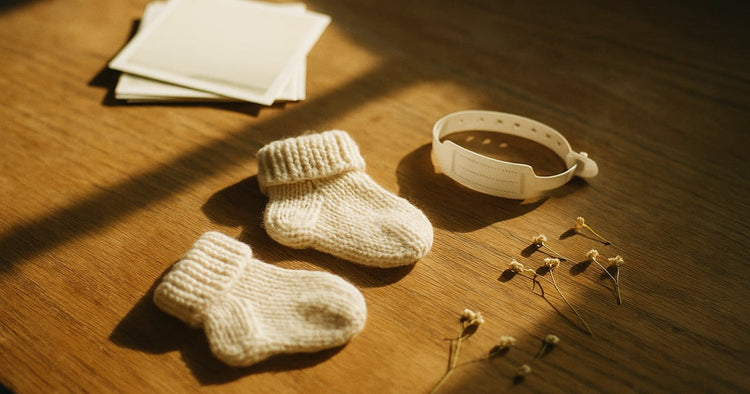 A baby's tiny knit socks and a hospital ID bracelet resting on a stack of face-down photo prints on a wooden table