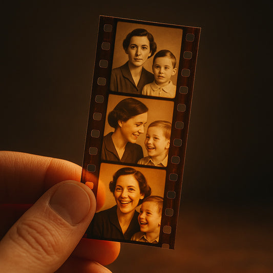 Three frames of film showing an old family photograph coming to life