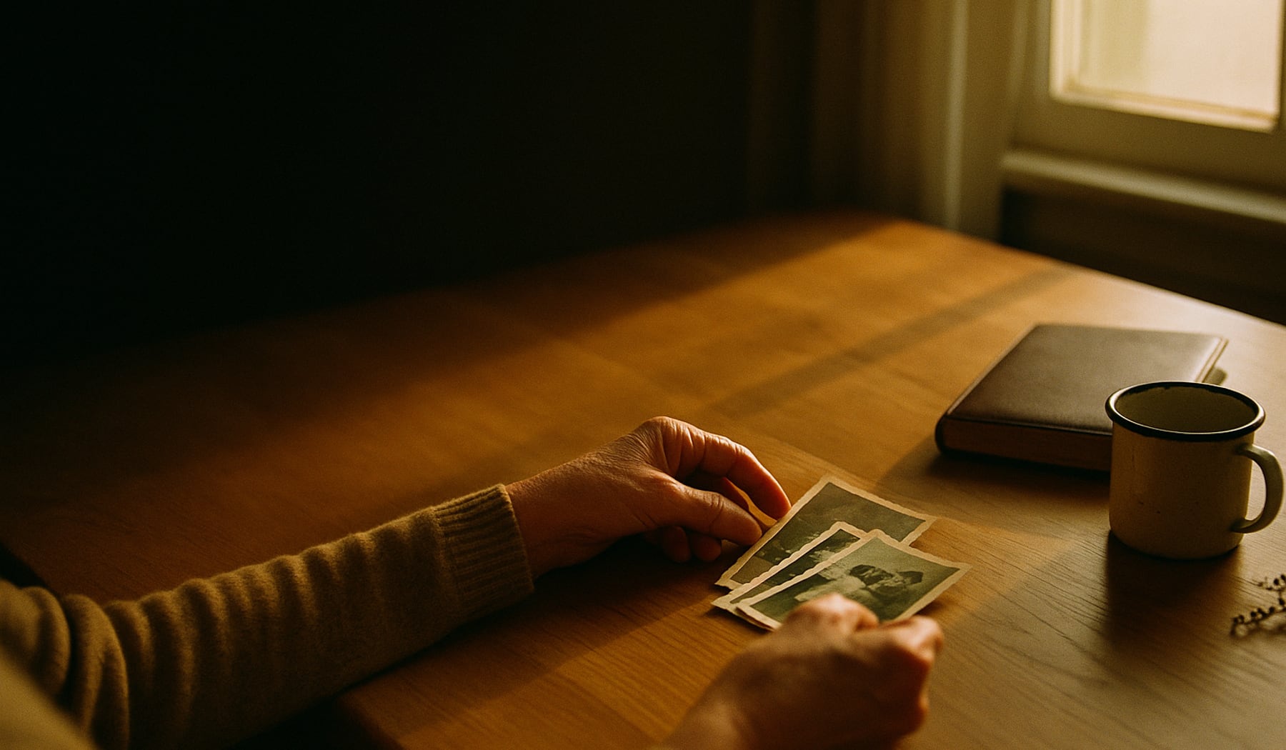 Weathered hands arranging restored old family photographs on a sunlit table