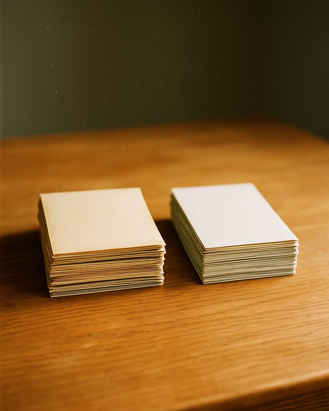 Everstory on Instagram: two neat stacks of old photo prints on warm wood